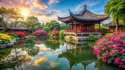 Fototapeta premium Ancient temple surrounded by vibrant flowers, serene water features and lush greenery in a peaceful Chinese garden, gardens, tranquil atmosphere