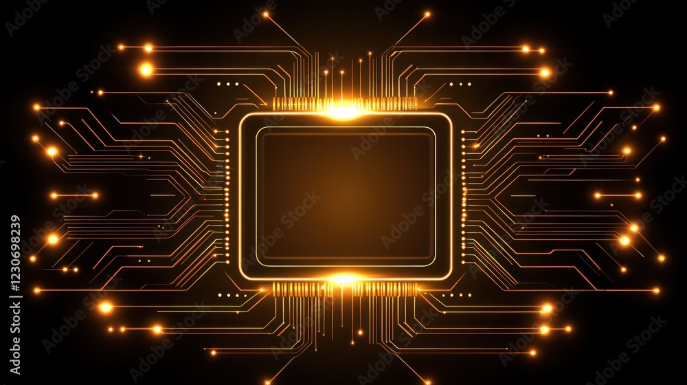 Poster glowing golden circuit board microchip technology