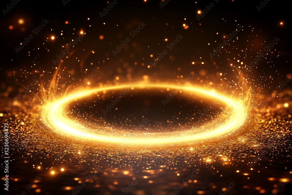 Poster golden light ring creates a mesmerizing effect with sparkling particles and a glowing aura in a dark