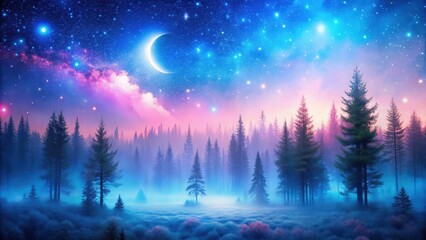 Naklejka premium ethereal misty forest with vibrant blue and pink hues, twinkling stars, and a crescent moon overhead, surreal