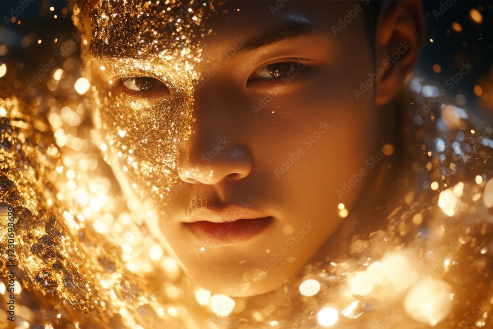 Poster close-up of a person covered in shimmering gold dust with intense expression, creating a striking vi