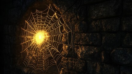 Obraz premium A spider web is shown in a dark room. The web is illuminated by a light. The web is in the center of the image