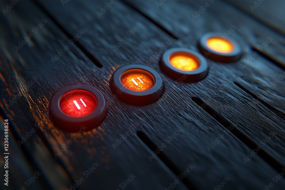 Aufkleber illuminated control buttons on a wooden surface create a modern yet rustic aesthetic