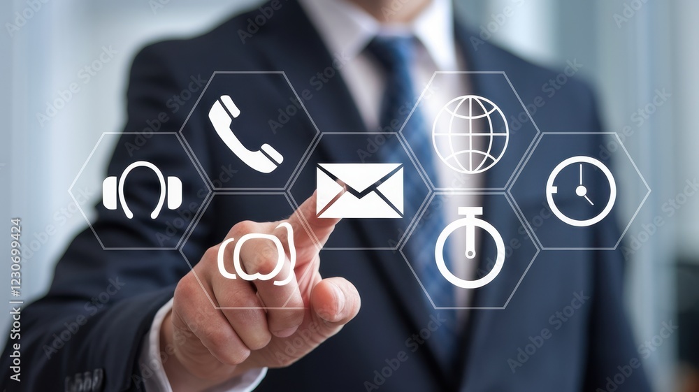 Poster businessman interacting with digital interface showing contact methods
