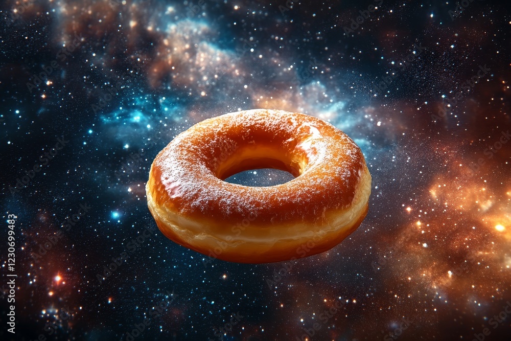 Poster a captivating image of a glazed doughnut floating in a vibrant cosmic background. this surreal depic