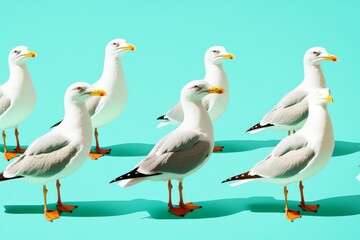 Fototapeta premium Seagulls standing gracefully against a vibrant turquoise background in midday light