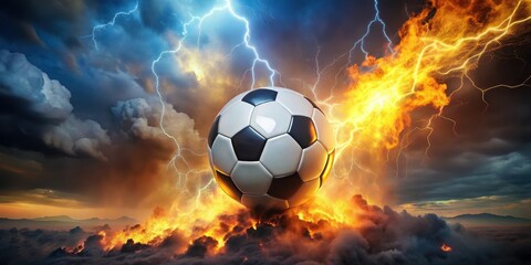 Fototapeta premium Soccer ball engulfed in intense flames amidst a dramatic night sky with lightning illuminating the surrounding clouds , ball