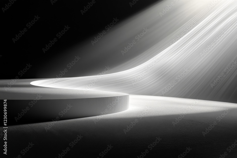 Poster soft beams of light illuminate flowing white material in a serene and minimalist setting