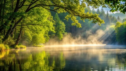 Obraz premium Soft sunlight filters through leafy forest canopy onto serene lake surface creating gentle ripples on water's edge with mist rising from forest floor, trees, peaceful atmosphere