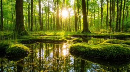 Fototapeta premium Sunbeams illuminate a lush green forest with moss-covered rocks and a calm stream reflecting the sunlight.