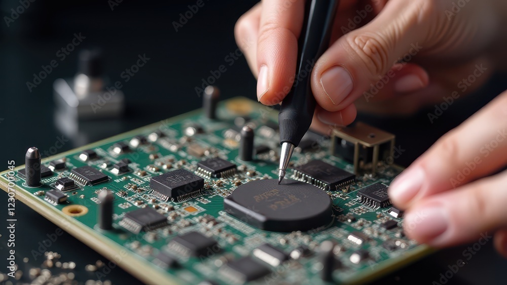Poster technician repairing a circuit board with precision tools in a focused workspace