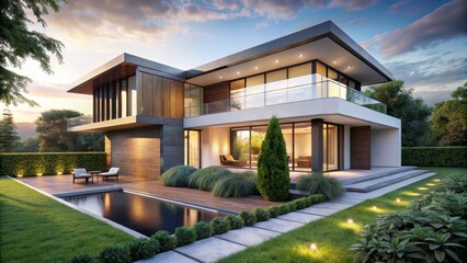 Fototapeta premium Elegant and sleek modern villa exterior with clean lines, minimalist architecture, and a touch of luxury amidst lush greenery and serene surroundings , landscape, architecture