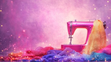Celebrate Sewing Machine Day with vibrant fabrics and glowing machines set against a beautiful backdrop