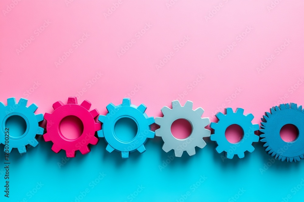 Aufkleber colorful gears arranged in a row on a pastel pink and blue background creating a modern design eleme