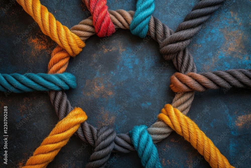 Poster colorful ropes intertwined in a circular arrangement on a textured surface create an artistic displa
