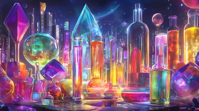 Detailed visualization of laboratory techniques like filtration evaporation with vibrant chemical solutions. Crystal Fields. Illustration