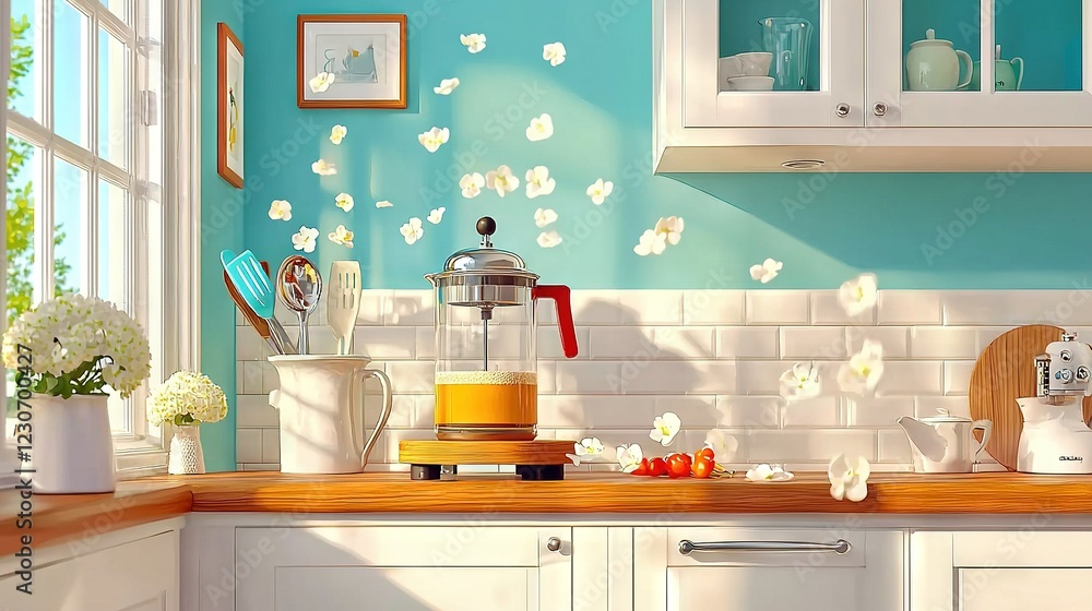 Poster a kitchen scene centered around the tea kettle on the counter, with its elegant design and gleaming 