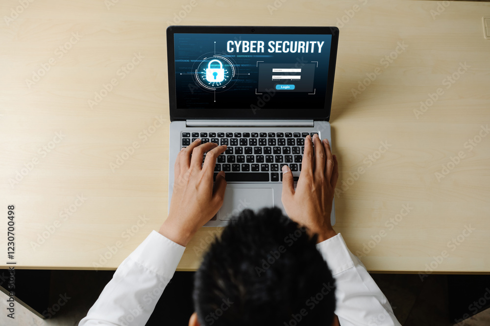 Poster cyber security system on computer screen protect private information snugly from hacker and cyber at