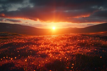 Sunset casts golden light over blooming meadow with vibrant flowers and rolling hills