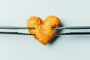 Heart-shaped pancake garnished on two forks over a white background