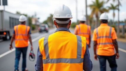 Workers in safety vests walking on a road during daylight hours