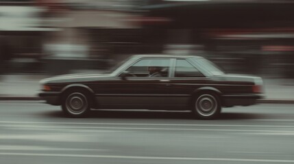 Blurred motion of a vintage car driving on a city street.