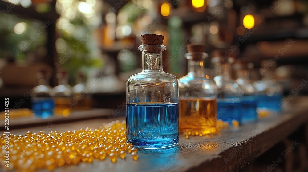 Poster a row of bottles filled with liquid sits atop a wooden table alongside another row of bottles contai