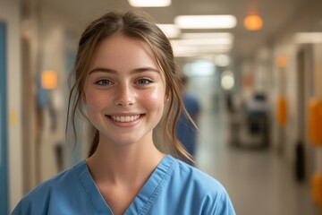 Fototapeta premium Smiling healthcare worker in blue scrubs in hospital corridor during daytime