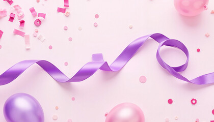 Fototapeta premium Playful purple ribbon spirals with pastel balloons and confetti, celebration, Purple Ribbon, International Women’s Day 