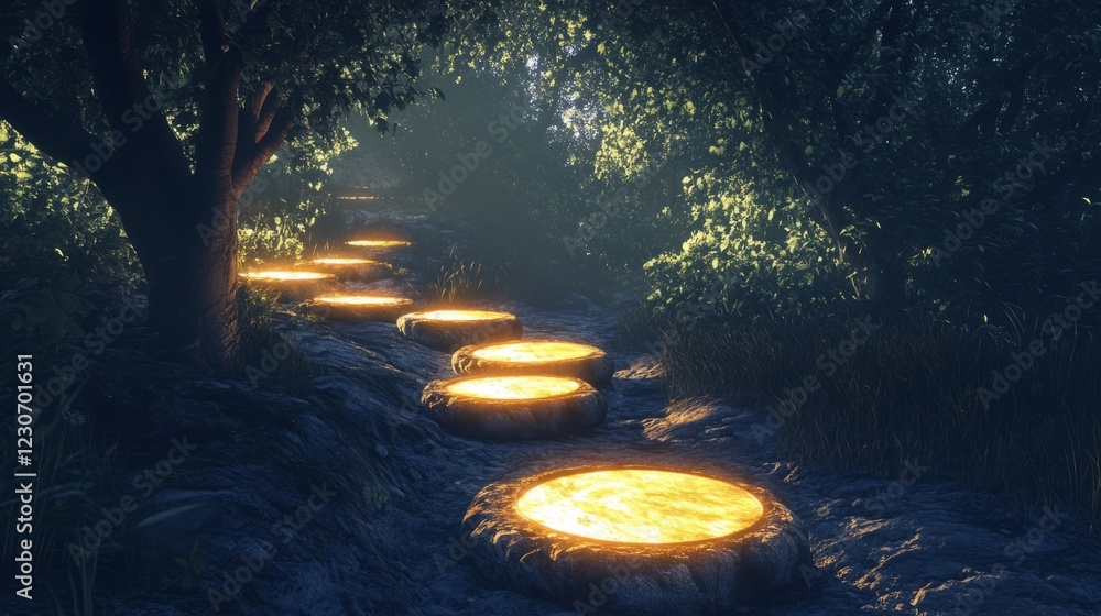 Poster a path with a series of yellow circles. the circles are lit up. the path is surrounded by trees