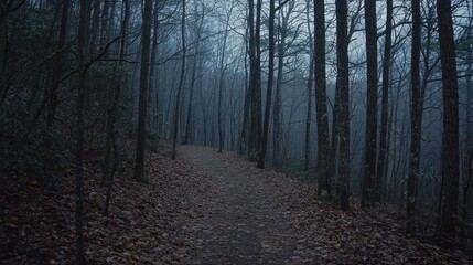 Fototapeta premium Misty forest trail winding through bare trees.