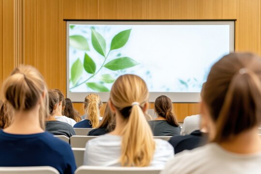 Group of employees participating in a corporate sustainability workshop with a presentation on eco-conscious strategies in a modern conference room - Powered by Adobe