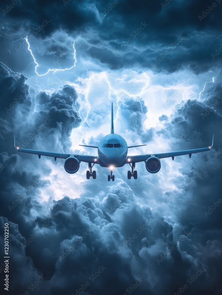 Poster Airplane bravely navigating through turbulent stormy clouds amidst lightning strikes in the sky. Generative AI