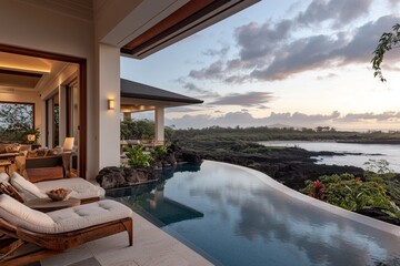 A luxurious modern white beach hotel featuring a swimming pool. Sunbeds are available on the sundeck for your vacation home or hotel stay. Edited with generative AI