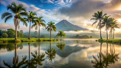 Obraz premium Palm trees, misty morning, serene lake Arenal