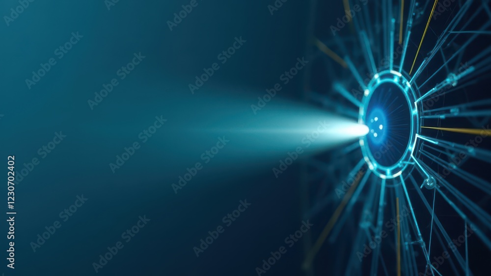 Poster visual representation of data transmission with futuristic elements and light beams