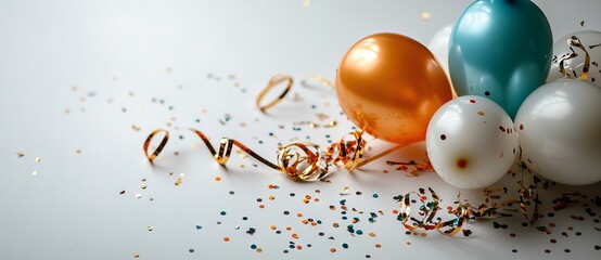 A flat lay representation of a birthday party backdrop, filled with vivid balloons, presents, party hats, confetti, candies, and streamers, leaves ample space for personalization