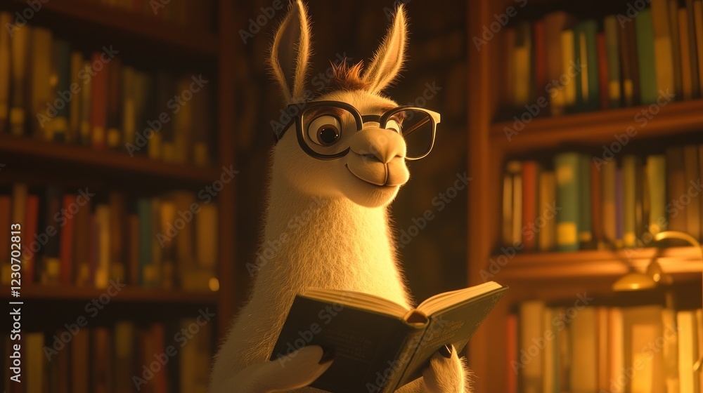 Poster llama reads book in library setting