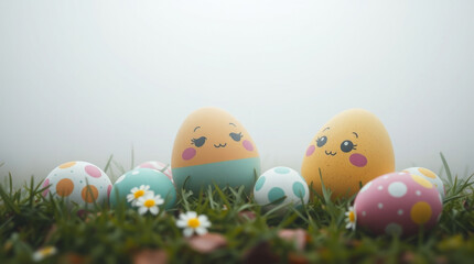 Fototapeta premium Cute easter eggs hiding in green grass on foggy background