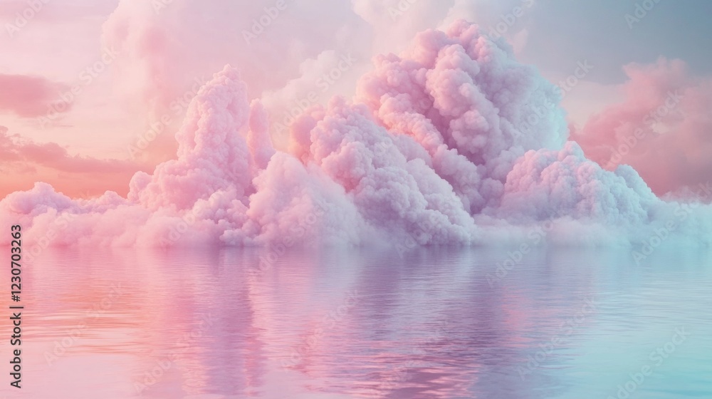 Poster a striking visual of fluffy pink clouds resting above a serene water surface at dusk, creating a dre