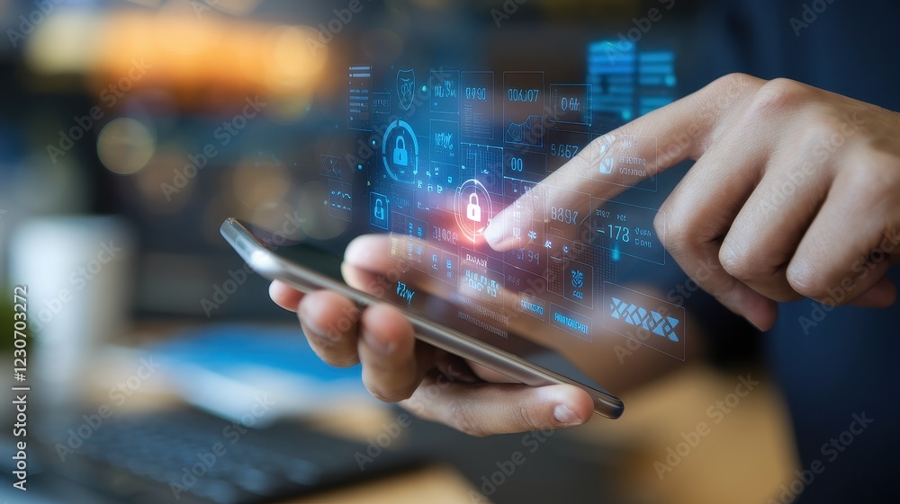 Poster cybersecurity and mobile technology: a person interacts with a futuristic interface on their smartph