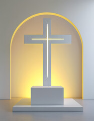 Easter themed product display podium background, Minimalist cross design, geometric cross, soft white, pastel yellow, symbolize the resurrection, ad, podium platform, product presentation space