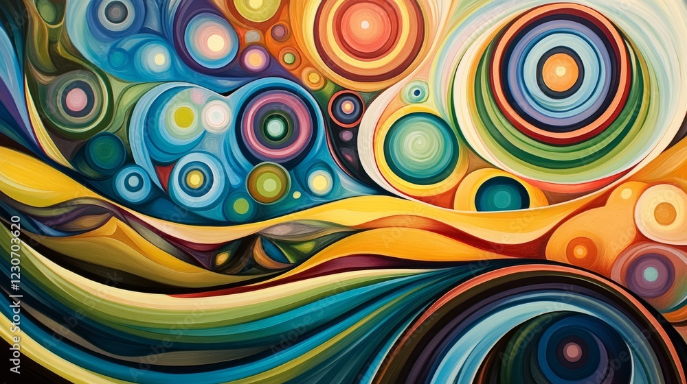 Poster a dynamic abstract artwork featuring vibrant swirls and colorful circles, creating a lively and ener