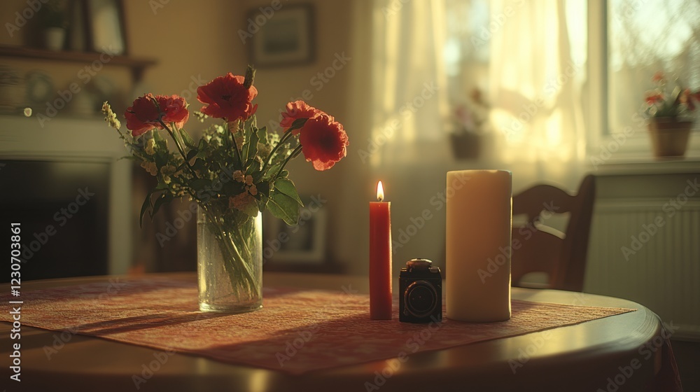 Poster Sunlit Table Setting With Poppies Candles And Camera