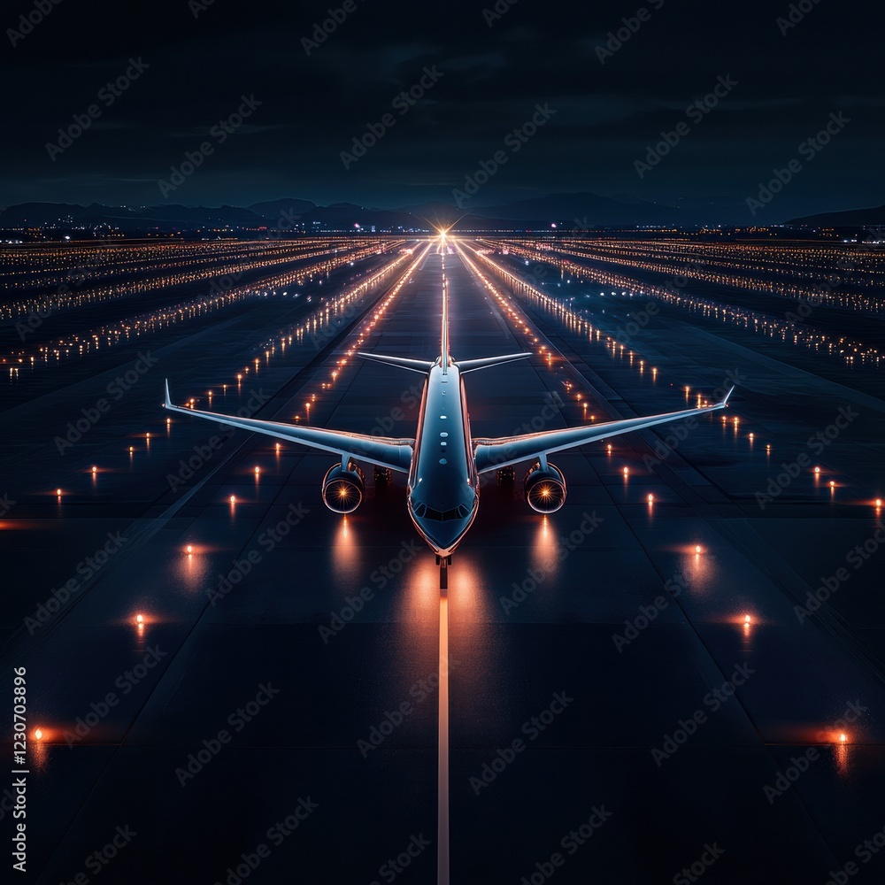 Fototapete illuminated runway with airplane ready for takeoff at night surrounded by navigation lights in a bus