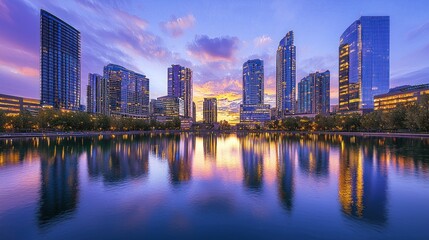 Fototapeta premium Vibrant city skyline reflected in calm water at sunset.