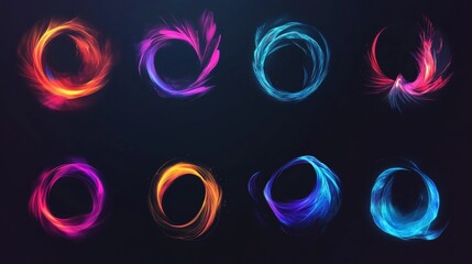Explore a collection of vibrant abstract light trails in circular shapes. Perfect for graphic design projects, these colorful elements add a modern and dynamic touch.