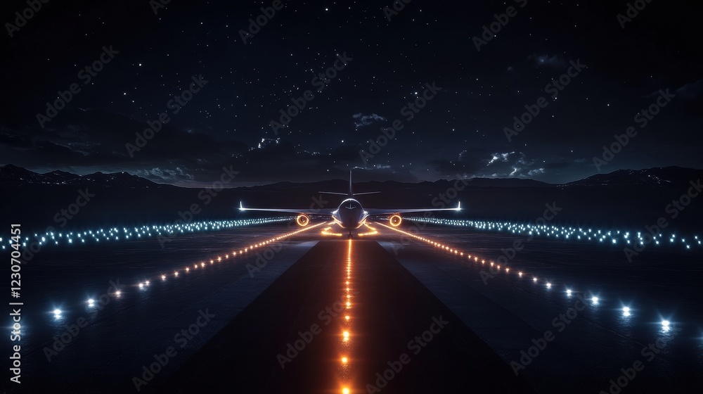 Poster Airplane prepares for takeoff on illuminated runway with navigation lights under the starry night sky. Generative AI