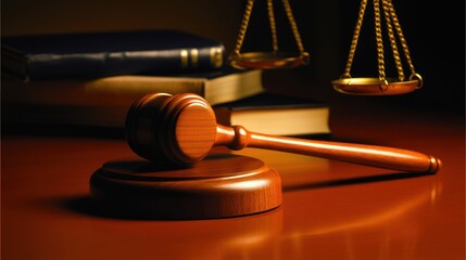 Wooden Gavel Books and Scales of Justice Symbol