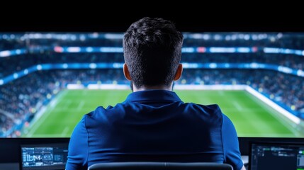 Enthusiastic Sports Analyst Observing Exciting Football Match from High-Tech Control Room in Stadium Environment